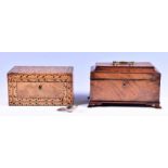 A Victorian parquetry tea caddy with herringbone inlay, 23 cm wide, together with 19th century