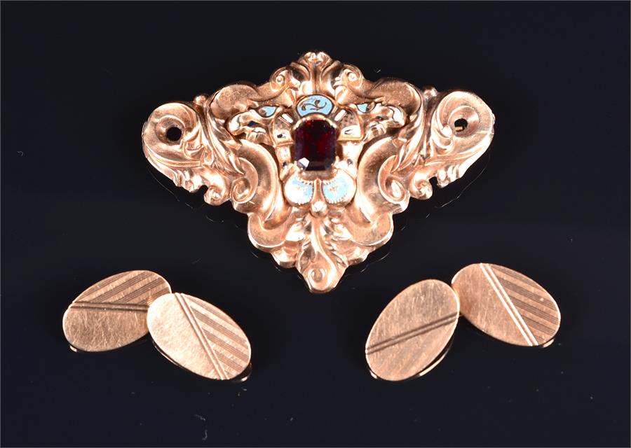 A Victorian gold, enamel and garnet brooch with scrolled decoration, together with a pair of 9ct