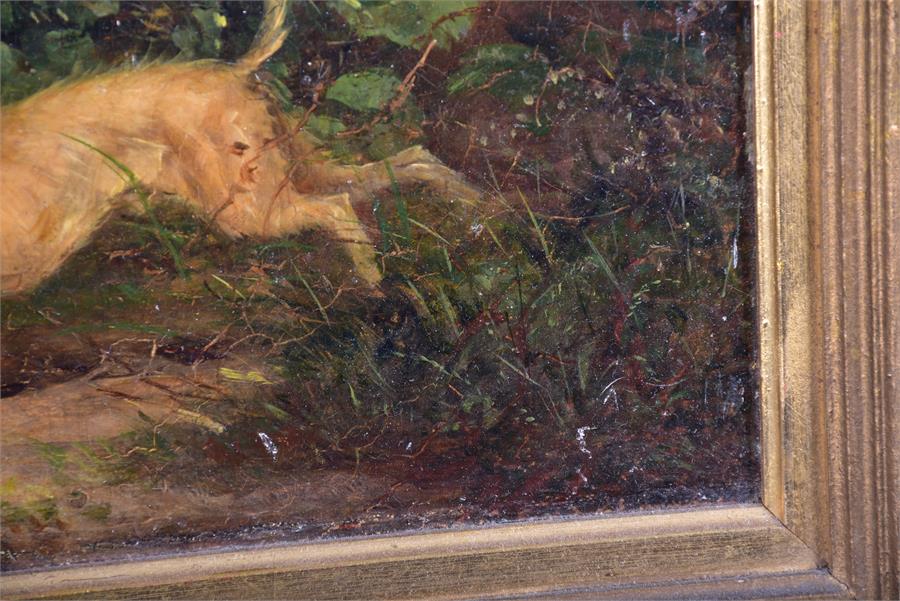A small 19th century of a bounding terrier running through woodland undergrowth, oil on board ( - Image 3 of 6