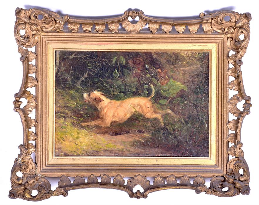 A small 19th century of a bounding terrier running through woodland undergrowth, oil on board ( - Image 5 of 6