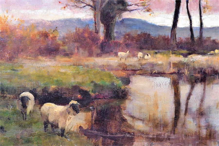 Edwin Bottomley (1865-1929) British a pastural landscape of sheep beside a stream with distant trees - Image 2 of 5