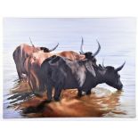 Two contemporary oil studies one of three long-horned cattle standing in a ford, 76 x 101 cm, the