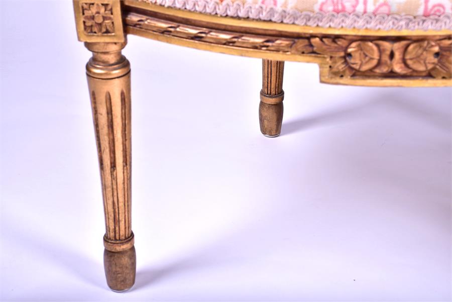 A pair of French carved and gilded salon armchairs with needlework upholstered back, seat and - Image 3 of 8