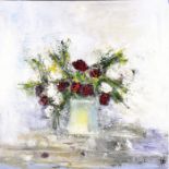 A large contemporary still life of red and white roses in a vase monogrammed 'HP', oil on canvas,