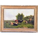 19th century British school, a pastoral landscape of cows and a milkmaid in a field indistinctly