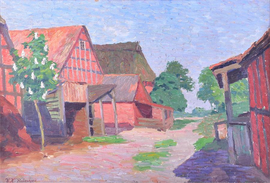Wilhelm Heinrich Rohmeyer (1882-1936) German a scene of a farmyard with buildings, oil on board, - Image 2 of 5