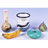 A collection of five decorative Gozo studio glass items including a model banana, 11 cm long, a