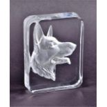 A Daum etched clear crystal desk weight decorated with a German Shepherd's bust of rounded