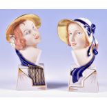A pair of Czechoslovakian Royal Dux Art Deco porcelain busts by Elly Strobach each with matt