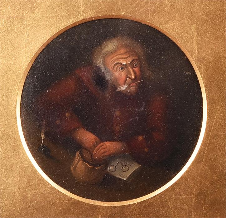 An 18th century circular portrait miniature  depicting a smartly dressed man seated at a writing - Image 2 of 3