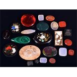 A small collection of hardstone intaglios and semi-precious stones to include moss agate, a coral