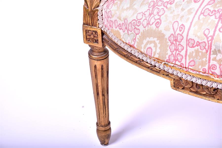 A pair of French carved and gilded salon armchairs with needlework upholstered back, seat and - Image 8 of 8