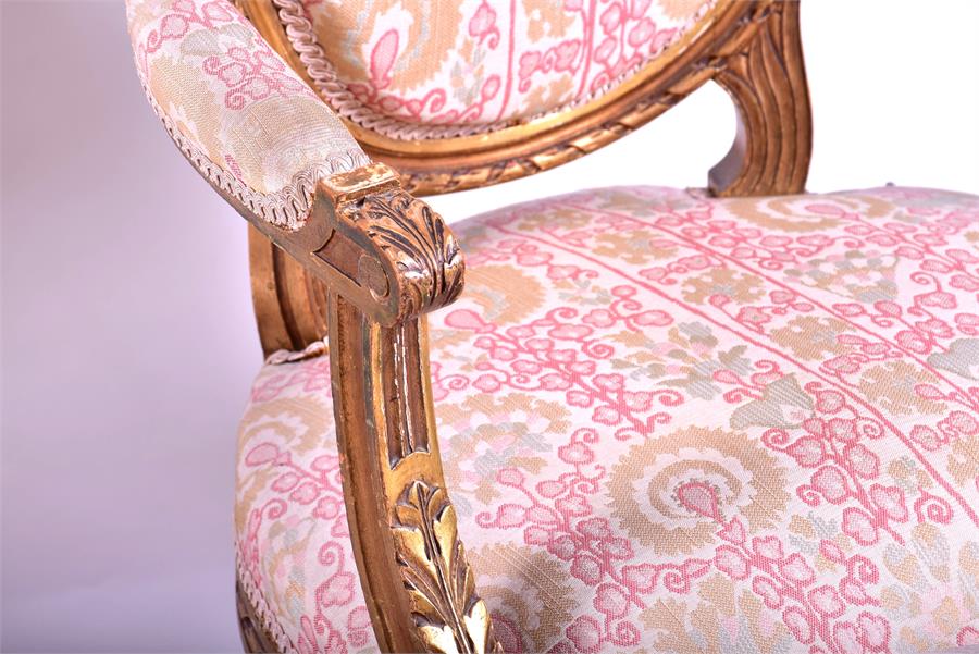 A pair of French carved and gilded salon armchairs with needlework upholstered back, seat and - Image 7 of 8