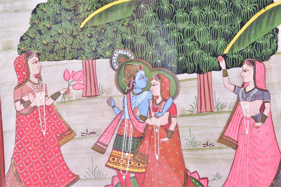 An Indian gouache painting on silk detailing a deity with three attendants walking beside a stream - Image 2 of 3