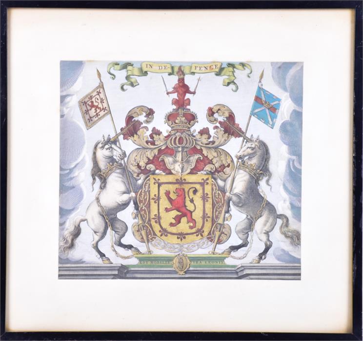 An original 17th century armorial coloured engraving 'The Arms of Scotland', 21 cm x 23 cm, glazed