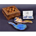 A Tunbridgeware wooden box of square form, 15 x 15 x 7 cm, together with a Meerschaum pipe in the