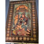 A 20th century Persian silk carpet depicting a courtyard scene, with figures being entertained by