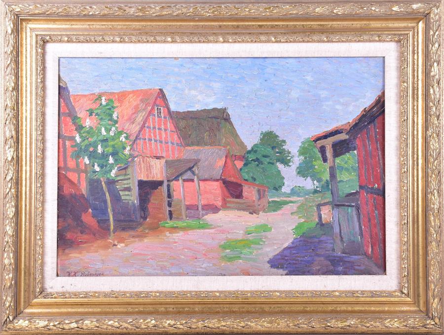 Wilhelm Heinrich Rohmeyer (1882-1936) German a scene of a farmyard with buildings, oil on board,