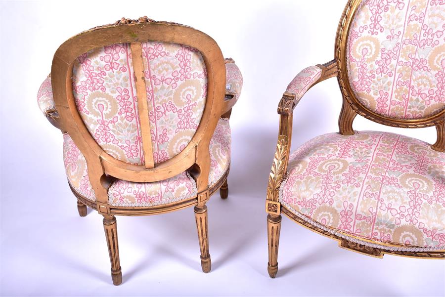 A pair of French carved and gilded salon armchairs with needlework upholstered back, seat and - Image 5 of 8