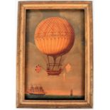 19th century French School a balloon in flight over sea, oil on panel, marking the first crossing of