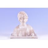 A 19th century French carved alabaster bust of a young lady, wearing a headscarf, her hair in
