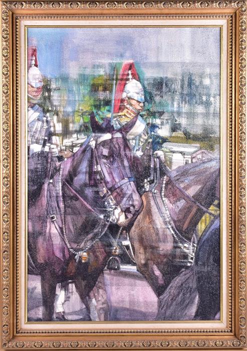 A stylised scene of two Household Cavalry guards on horseback, unsigned, framed, on canvas. 89.5 x