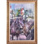 A stylised scene of two Household Cavalry guards on horseback, unsigned, framed, on canvas. 89.5 x