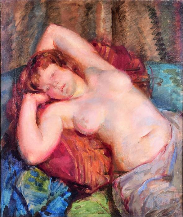 Attributed to Sir Matthew Smith (1879 - 1959) British 'Reclining Nude', a study of a nude woman with