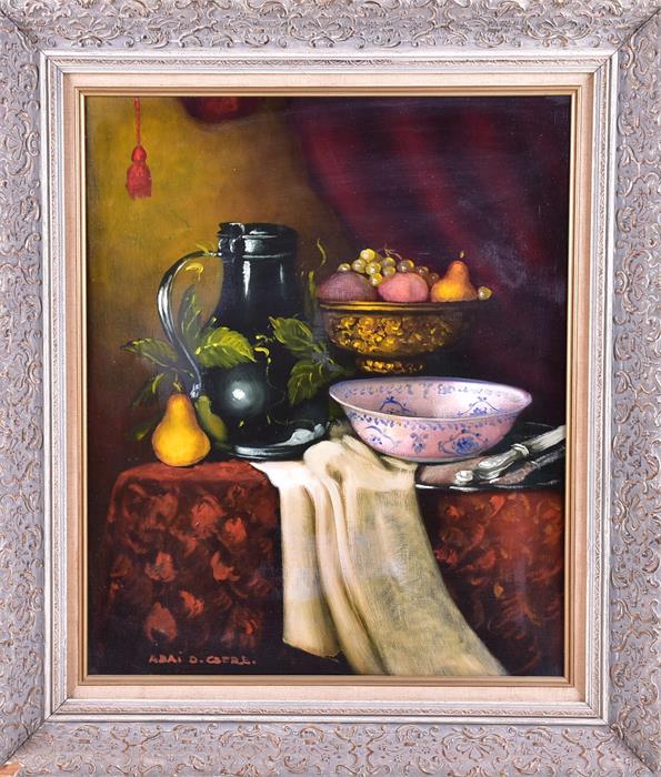 A mid 20th century still life of fruit and vessels on a table, signed Abai D. Csere lower left,