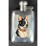 A George V silver hip flask decorated with an enamelled French Bulldog portrait Birmingham, 1926