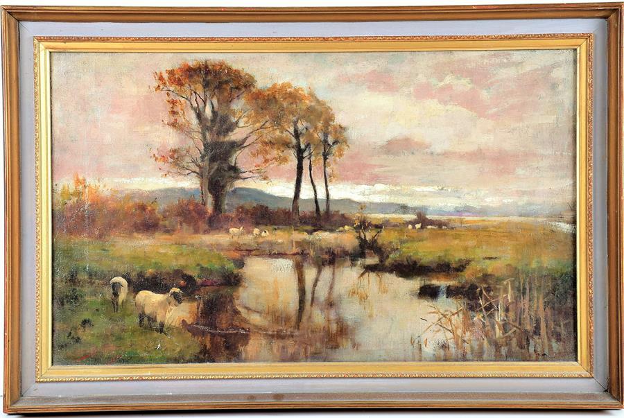 Edwin Bottomley (1865-1929) British a pastural landscape of sheep beside a stream with distant trees