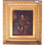 A 19th century portrait of a weary traveller his son resting by his side, oil on tin, unsigned,