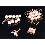 A 14ct yellow gold and cultured pearl brooch of trefoil form, together with a naturalistic 14ct