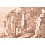 David Cox Junior (1809 -1885 British) classical ruins, a sepia toned watercolour, signed to lower