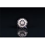An 18ct white gold, diamond, and sapphire ring the circular cluster centred with a round brilliant