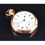 An 18ct yellow gold open-face pocket watch the white enamel Roman numeral dial with second