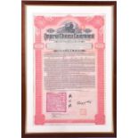 A Chinese Imperial Railway Bond Certificate for $100, '5% of the Hukuang Railways Sinking Fund