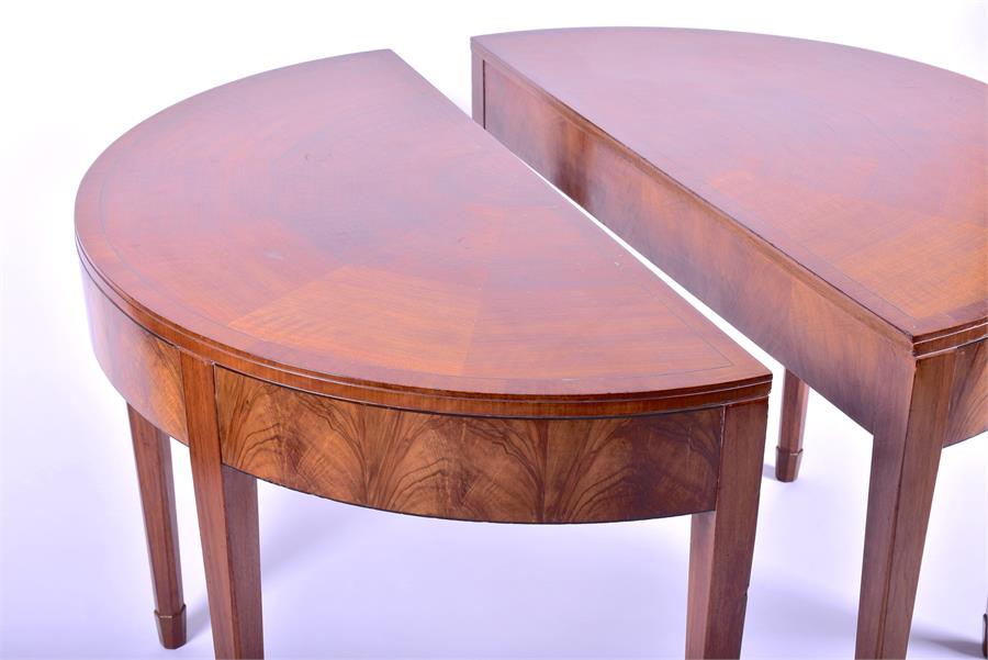 A pair of Heals walnut demilune tables originally part of a dining table, with segmented veneered - Image 5 of 6