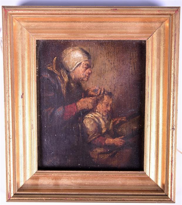 19th century Continental School a naive oil on panel of a woman cutting a childs hair. 14 x 11.5 cm,