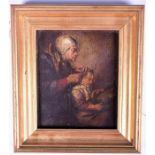 19th century Continental School a naive oil on panel of a woman cutting a childs hair. 14 x 11.5 cm,