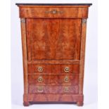 A French Empire style mahogany secretaire chest  with marble top over upper slide, the drop flap