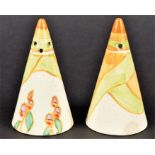 A pair of Clarice Cliff Newport Pottery Windbells pattern conical cruets one restored, approx. 8