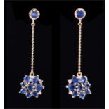 A pair of 9ct yellow gold and sapphire drop earrings each with a cluster of mixed-cut sapphires