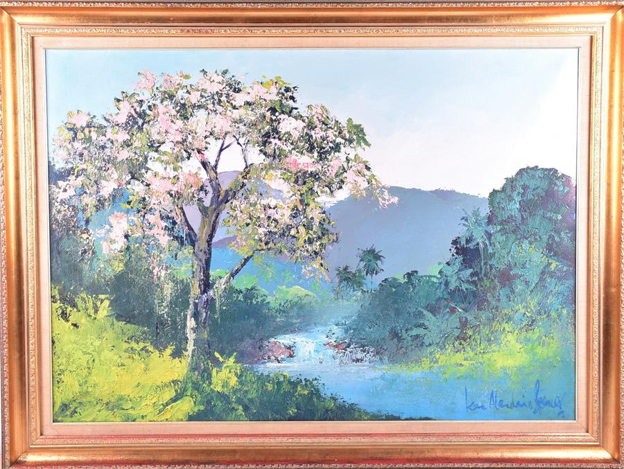 Kenneth Abendana Spencer (20th century) a brightly coloured landscape with a large magnolia tree