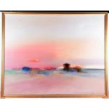 A very large impressionist painting of a sunset the sun setting over an open landscape with a