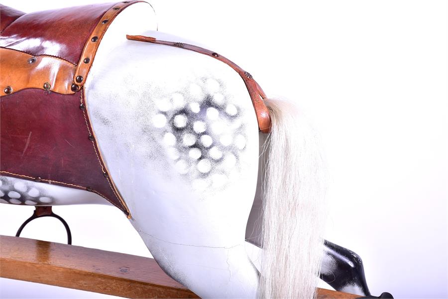 A large Victorian style painted grey rocking horse with leather harness and saddle, painted and - Image 4 of 6