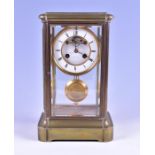 A Victorian four glass mantel clock by Achille Brocot the white enamel dial with black Roman