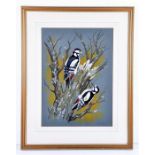 Paul A Nicholas (20th century) British a study of two Great spotted woodpeckers on a mossy branch,