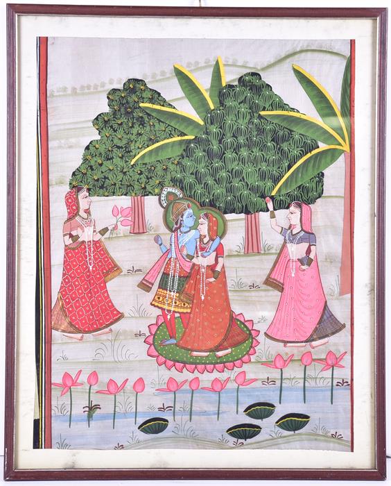 An Indian gouache painting on silk detailing a deity with three attendants walking beside a stream