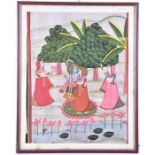 An Indian gouache painting on silk detailing a deity with three attendants walking beside a stream